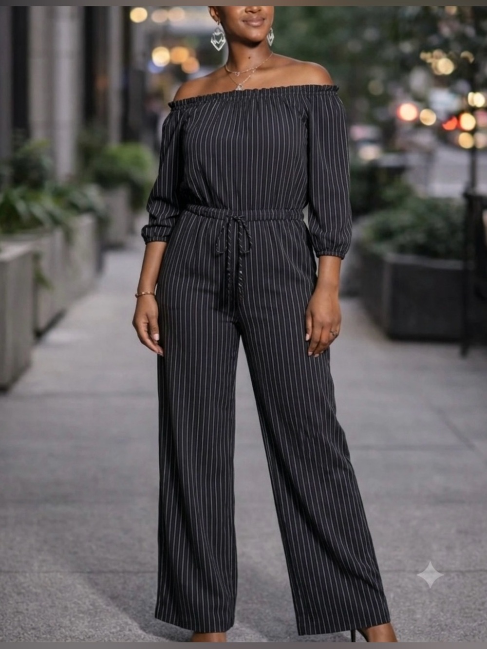 A'Gaci Black Pinstripe Wide-Leg Jumpsuit Size Large